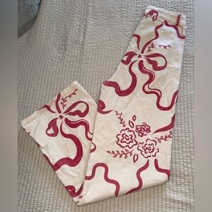 Hi Rise Wide Leg Cream Jeans with Pink Bows Ribbons medium
